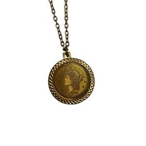 Vintage Coin Pendant Necklace Faux Liberty Twenty Dollar Medallion Gold Tone